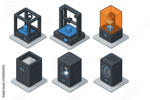 Isometric collection of 3D printing machines and additive manufacturing equipment