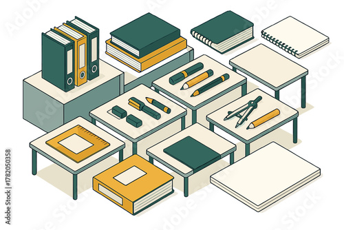 Isometric arrangement of essential school and supplies including binders, notebooks, and writing instruments