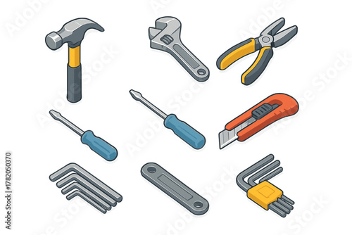 Isometric set of construction and repair hand tools including hammer, wrench, pliers and screwdrivers