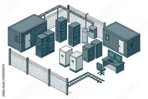 Secure modular data center with server racks and control units surrounded by fencing