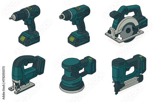 Isometric set of essential cordless power tools for construction and woodworking projects