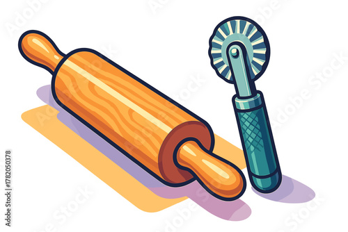 Essential wooden rolling pin and serrated metal dough cutter kitchen tools