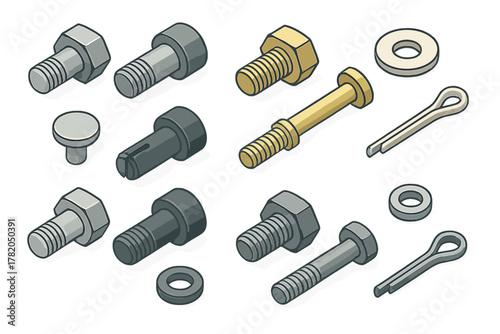 Assortment of various metallic fasteners including bolts washers and cotter pins in isometric view
