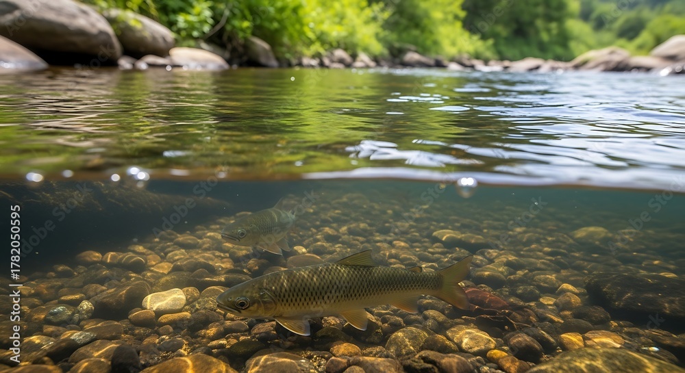 Fototapeta premium Split view of clear river water with submerged rocks and green trees above.