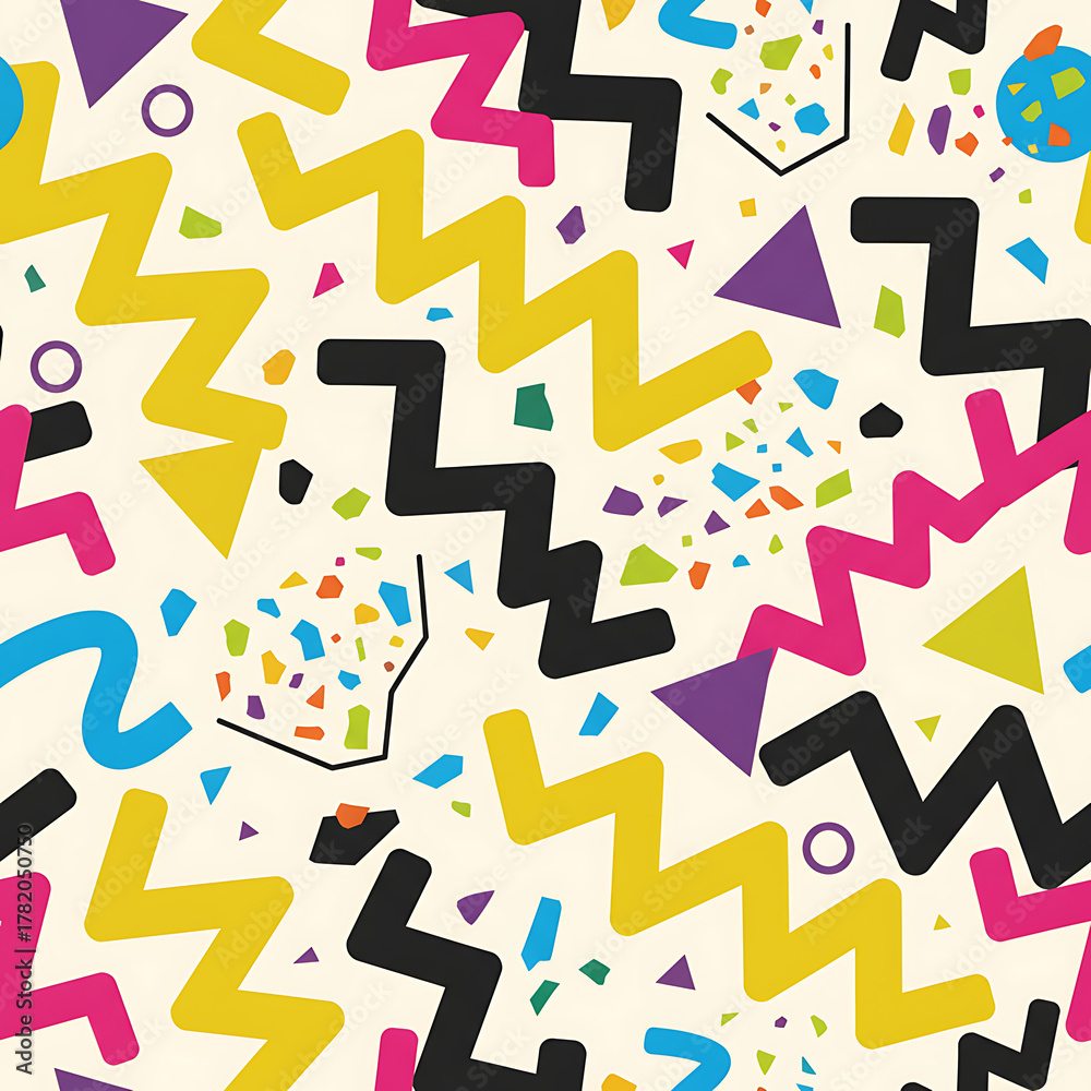 Memphis-Inspired Seamless Pattern – Bold Colors and Playful Geometric Shapes
