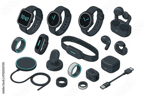 Modern wearable technology devices and accessories set in dark isometric style