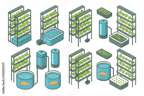 Isometric set of aquaponics and hydroponics systems for vertical farming and sustainable agriculture