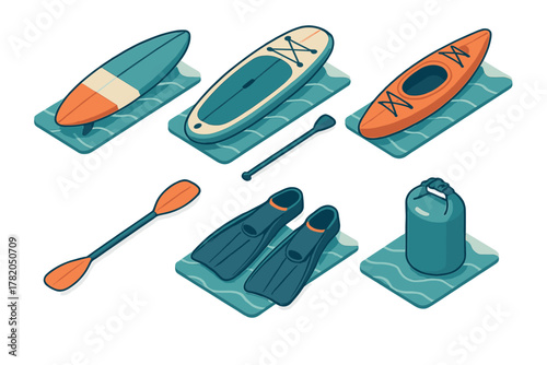 Isometric set of essential water sports gear and accessories for summer activities