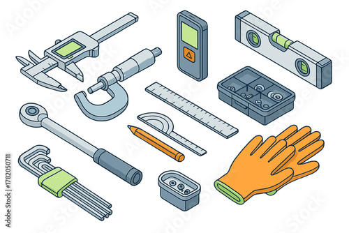 Isometric set of precision measuring instruments and construction tools for engineering and repair work
