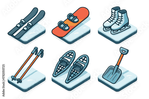 Collection of isometric icons showing winter sports gear and recreation equipment