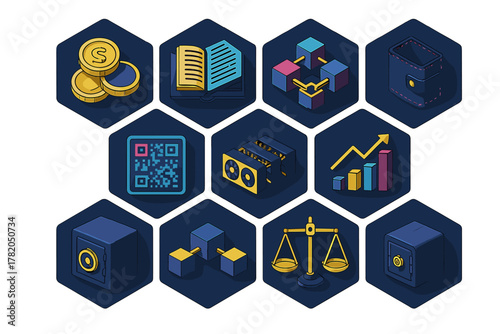 Cryptocurrency and blockchain technology symbols for finance, security, mining, and digital ledger