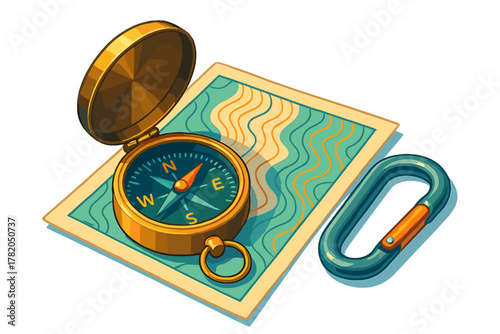 Vintage brass compass and climbing carabiner resting on a stylized topographic map