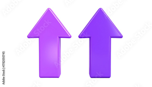 Two purple 3D arrows pointing upwards on a black background, casting soft shadows, conveying direction or emphasis