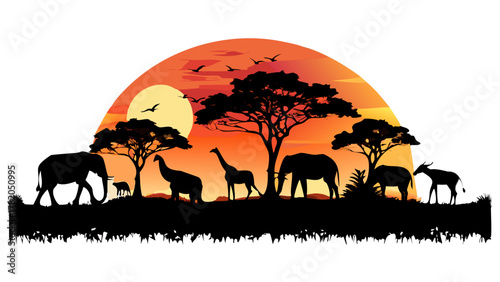 African wildlife silhouettes with elephants, giraffes, and trees under a sunset sky, vector landscape.