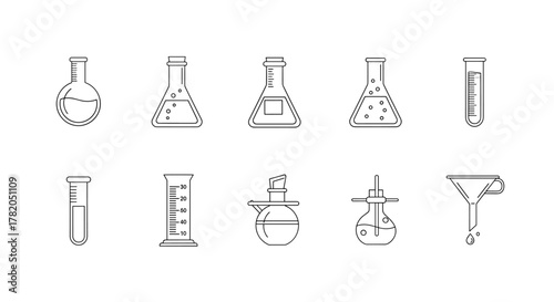 A collection of ten minimalist line art icons representing various laboratory glassware, including flasks, test tubes, a graduated cylinder, and a funnel, perfect for science, education, and