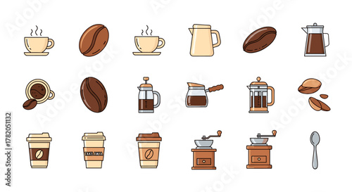 A vibrant and clean vector illustration set featuring various coffee-related icons on a white background, including steaming cups, coffee beans, French presses, carafes, grinders, and takeaway cups