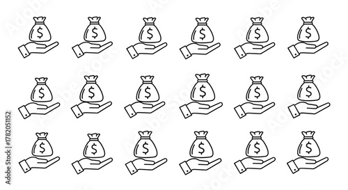 Seamless pattern of a hand holding a money bag with a dollar sign, isolated on a white background. This vector illustration features a clean line art design, perfect for business, finance, and