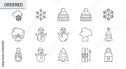 Set of 15 modern outline style icons representing winter and snow-related themes, including snowflakes, snowmen, winter hats, Christmas trees, skis, and a cloud with snow, all on a clean white