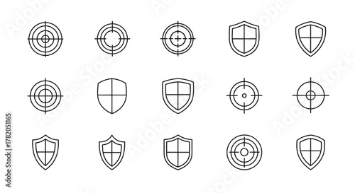 Set of target and shield icons, representing accuracy, protection, and security. These vector graphics are perfect for graphic design, websites, cards, books, and articles, offering a clean and