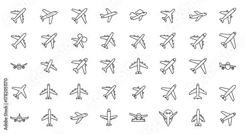 Collection of diverse airplane and aircraft outline icons, perfect for graphic and web design, app development, advertisements, and various card designs, presented as a vector cartoon illustration on