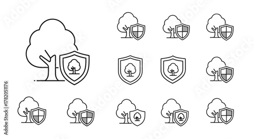 Collection of modern outline style icons featuring a tree next to a shield, symbolizing protection, nature, and security. These versatile vector illustrations are perfect for design elements, cards