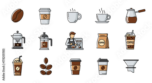 Collection of Flat Coffee Icons: A Set of Vector Illustrations Featuring Coffee Beans, Cups, French Presses, Barista, Coffee Bags, Iced Coffee, and Pour-Over Drippers on a White Background, Perfect