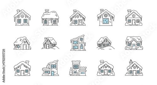 Collection of stylized line art icons depicting various houses covered in snow and icicles, representing winter scenes and cold weather. These cartoon-style illustrations are perfect for web, print