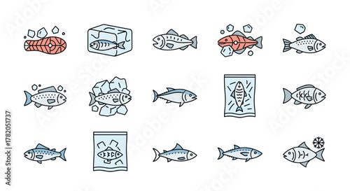 Collection of stylized line icons representing various types of fish and seafood, including salmon steaks, whole fish on ice, frozen fish in packaging, and fish with snowflake symbols, suitable for