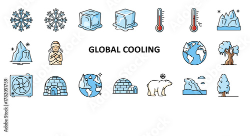 Global Cooling Line Icon Bundle: A comprehensive collection of outline signs and cartoon illustrations representing cold weather phenomena, polar environments, and climate change concepts, perfect