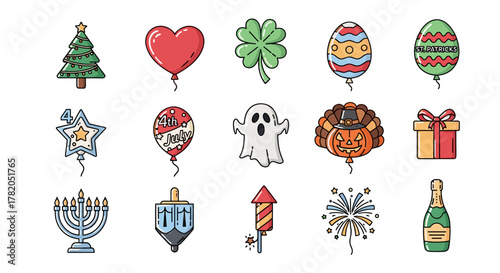 Collection of festive holiday icons including a Christmas tree, heart balloon, lucky clover, Easter egg, St. Patrick's Day balloon, 4th of July star balloon, Halloween ghost, Thanksgiving turkey