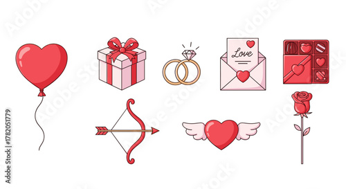 Charming Valentine's Day Vector Icon Set: A delightful collection of romantic symbols including a heart-shaped balloon, gift box, wedding rings, love letter, cupid's bow, winged heart, chocolates