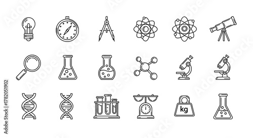 Set of Science-Related Line Icons, Editable Stroke for Design, Web Sites, Apps, Cards. Contains Linear Images of Laboratory Bulb, Compass, Atom, Telescope, Magnifying Glass, Flask, Molecule
