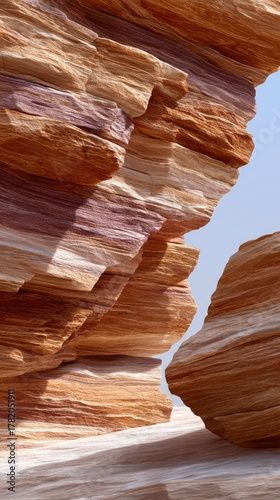 Detailed Close-up View of Sandstone Rock Formations with Striated Layers and Textured Surfaces Under Clear Sky Lighting