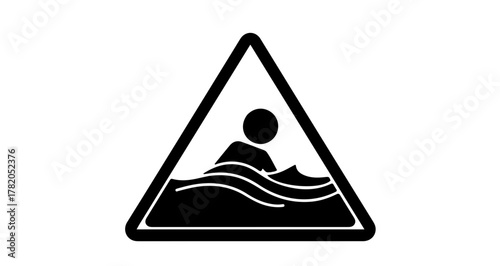 Drowning hazard warning sign icon a black and white graphic depicting a person immersed in water within a protective triangle, indicating deep water or unsafe swimming conditions