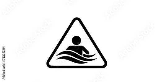 Swimming warning sign illustration, swimmer icon inside triangle, hazard symbol for water safety
