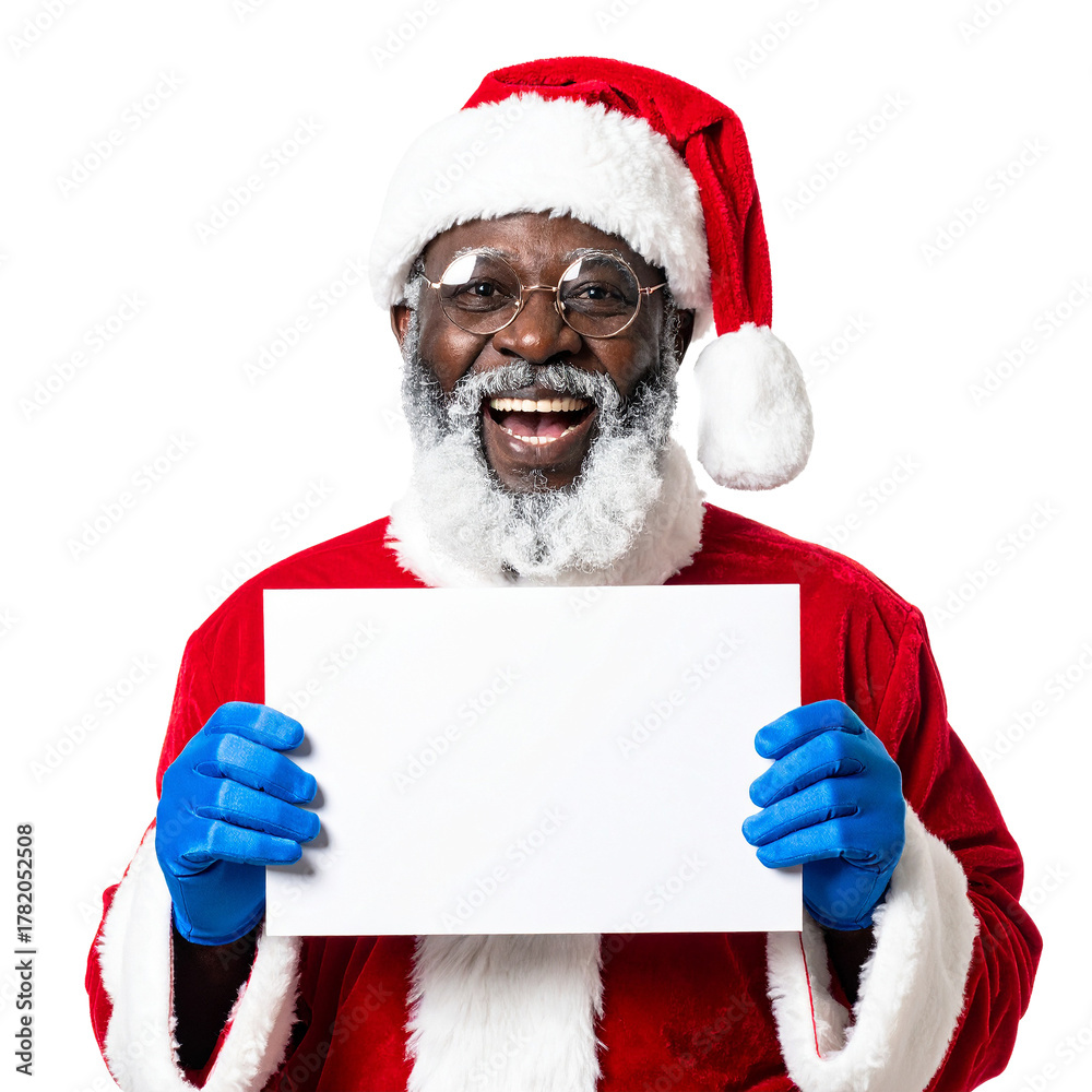 Naklejka premium Santa's Holiday Greeting: A joyful Santa holds a blank sign, ready to spread holiday cheer and embrace the spirit of the season.