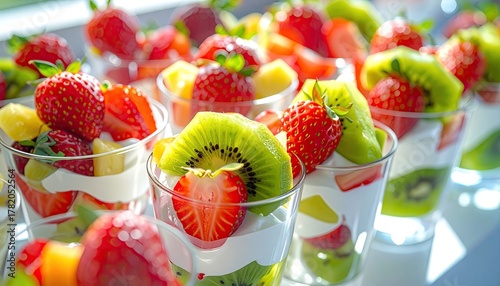 Close Up Of Fresh Fruit Salad Cups With Strawberry Kiwi And Pineapple In A White Cream Layered Dessert In Natural Daylight