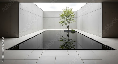 Modern minimalist courtyard with reflective pool and single tree.