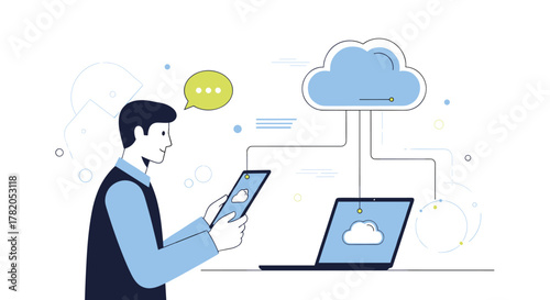 Modern flat illustration of a person holding a tablet near a laptop and a cloud, symbolizing technology, cloud computing, innovation, connectivity, remote work, and data storage, perfect for digital