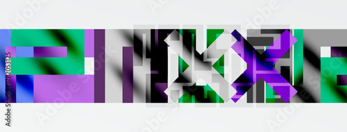 Abstract geometric shapes, vibrant colors, teal, purple, white. Minimalist design, modern aesthetic, digital art composition.