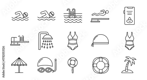 Vivid set of line pictograms representing swimming and pool activities, featuring icons for lifestyle, diving, swimming pool, swimmer, swimwear, dive, shower, beach umbrella, palm tree, lifebuoy