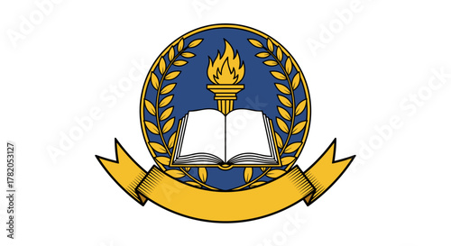 Classic academic emblem vector graphic featuring an open book, flaming torch, laurel wreath, and ribbon in blue and gold, symbolizing knowledge, education, achievement, and wisdom, perfect for