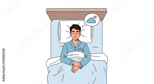 Overhead view of a man sleeping peacefully in bed, wearing blue pajamas, with a thought bubble above his head containing a cloud and a star, symbolizing dreams and rest during the night. This