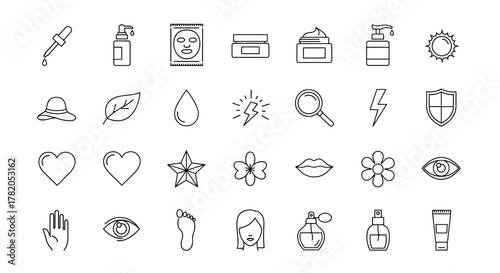 A clean and modern line art icon set representing skincare and beauty essentials, featuring items like a dropper, serum bottle, face mask, cream jars, lotion dispenser, sun, hat, leaf, water drop