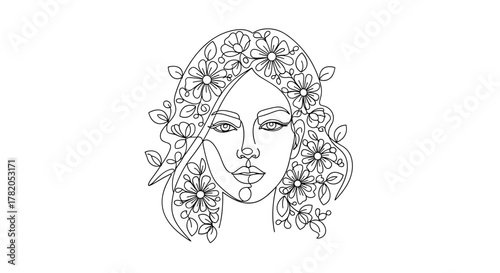 Elegant single line art illustration of a beautiful woman's face adorned with delicate flowers and leaves, symbolizing natural beauty and femininity. This minimalist vector graphic is perfect for
