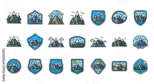Collection of stylized mountain range badges and emblems, featuring snow-capped peaks, evergreen trees, and serene water bodies under sunny skies and cloudy weather, presented as flat vector