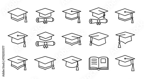 Collection of simple, isolated line icons representing academic square caps and diplomas, perfect for educational websites, books, cards, and apps. This editable stroke vector cartoon illustration