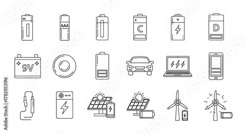 Collection of outline icons representing various types of batteries and power sources, including AA, AAA, C, D, 9V car batteries, coin cells, and portable power banks, alongside renewable energy