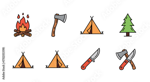 Vivid cartoon outline icon collection for camping and outdoor adventures, featuring a bonfire, axe, tent, pine tree, and knife. Editable stroke vector graphics perfect for infographics, articles