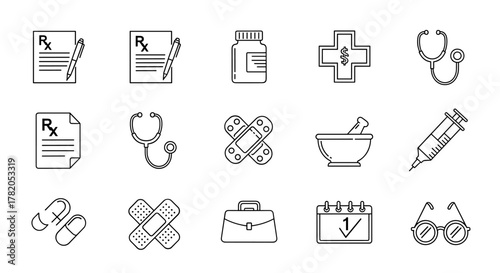 A comprehensive collection of thin line icons representing various medical and healthcare elements, including prescriptions, stethoscopes, pills, bandages, a syringe, a mortar and pestle, a medical